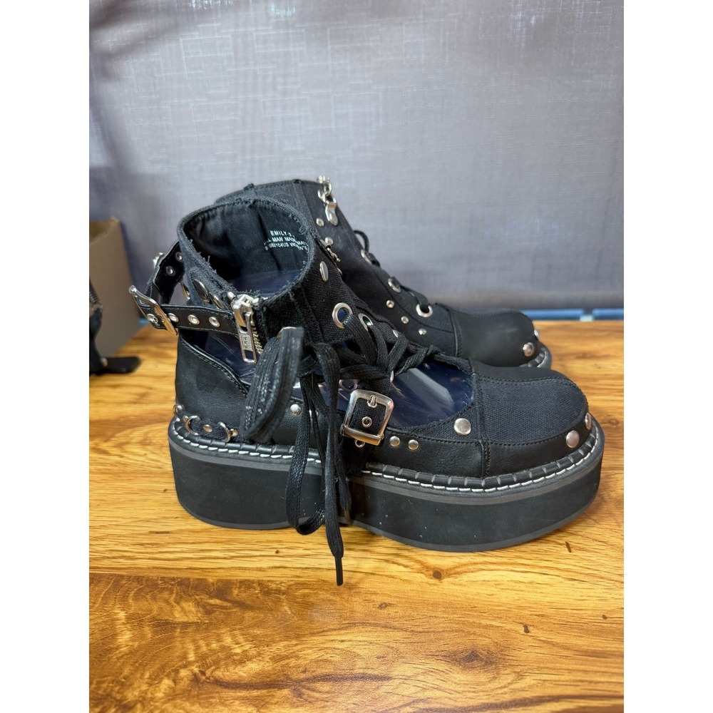 Demonia Emily Black Platform Boots Studded Chain Goth Punk Women's 8 - Picture 3 of 10